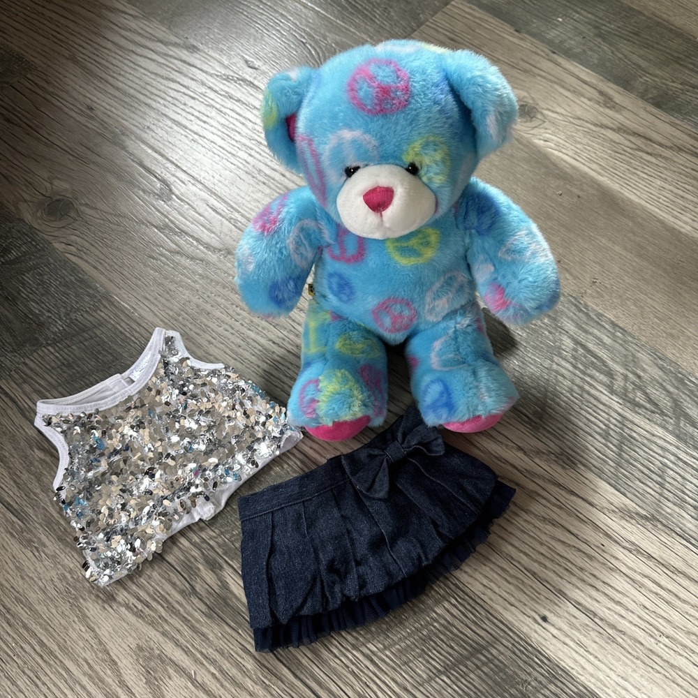 Build A Bear Blue‎ Peace Sign 14" Teddy Plush Stuffed Animal Toy With Outfit